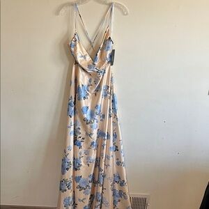 Lulu's Cream Maxi Dress with Blue Floral Print